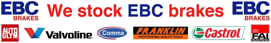 Image showing some of the various brands that we stock, including EBC, Auto Glym, Valvoline, Comma, Franklin, Castrol and FAI